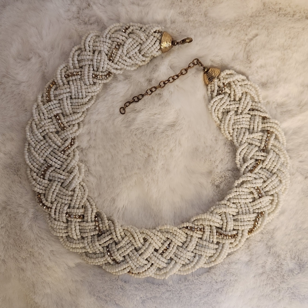 White Gold and Rhinestone Beaded Necklace